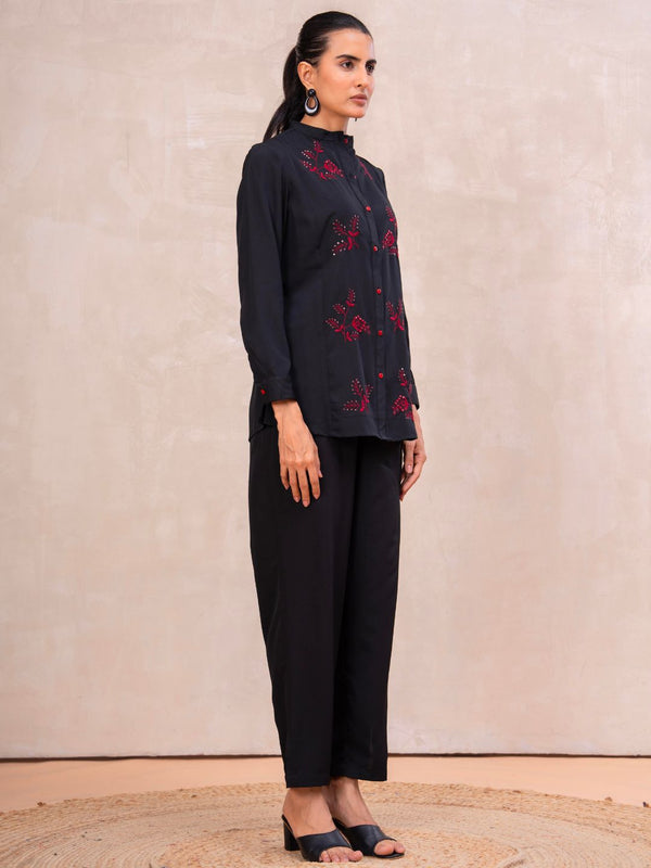 Classic Black High-Neck Embroidered Tunic Top