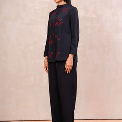 Classic Black High-Neck Embroidered Tunic Top