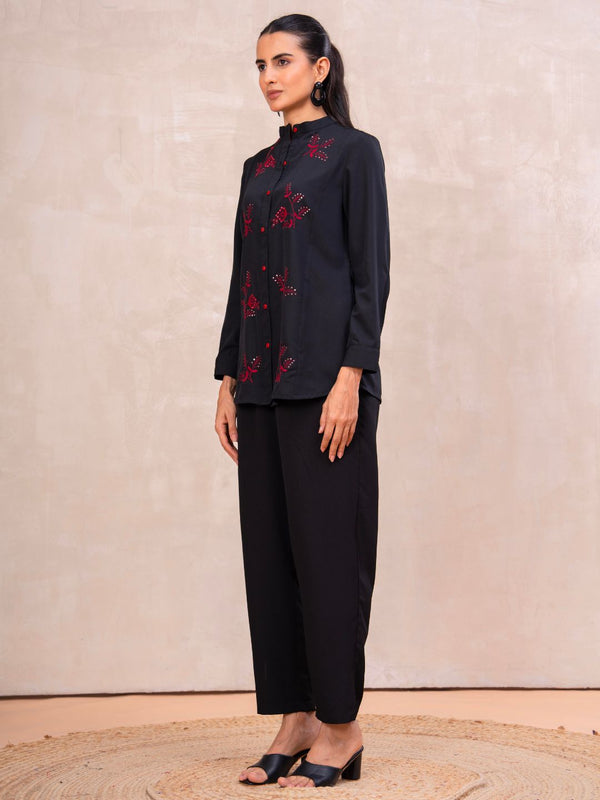 Classic Black High-Neck Embroidered Tunic Top