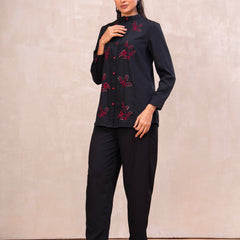 Classic Black High-Neck Embroidered Tunic Top