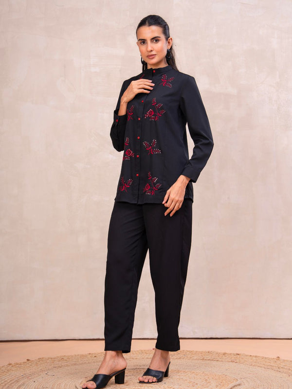 Classic Black High-Neck Embroidered Tunic Top