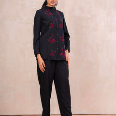 Classic Black High-Neck Embroidered Tunic Top