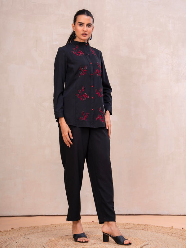 Classic Black High-Neck Embroidered Tunic Top