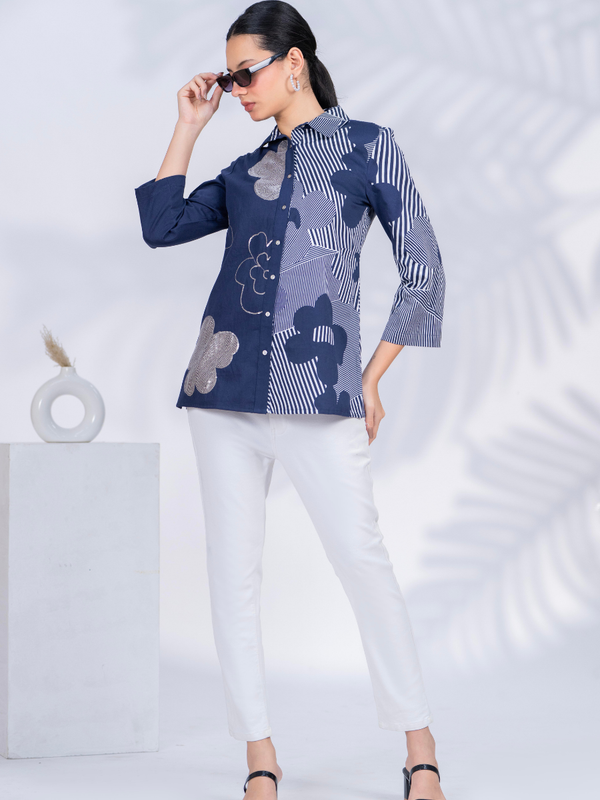 Women Designer Patchwork Navy Casual Shirt