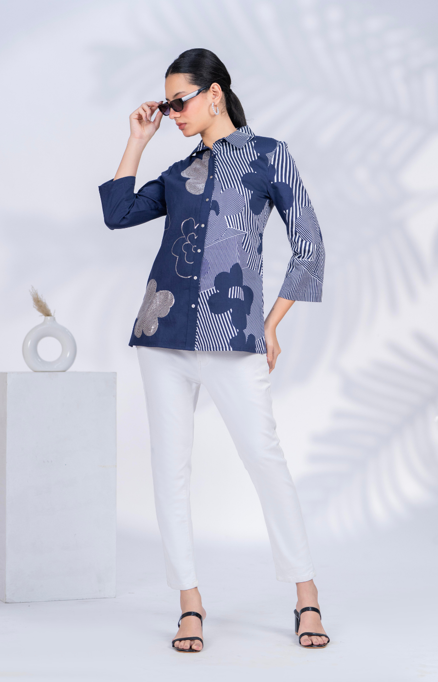 Women Designer Patchwork Navy Casual Shirt