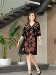 Chic Black Embroidered Cotton Midi Dress with V-Neck & Elbow Sleeves