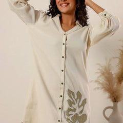 Beige flower embroidery Cotton Shirt Dress
