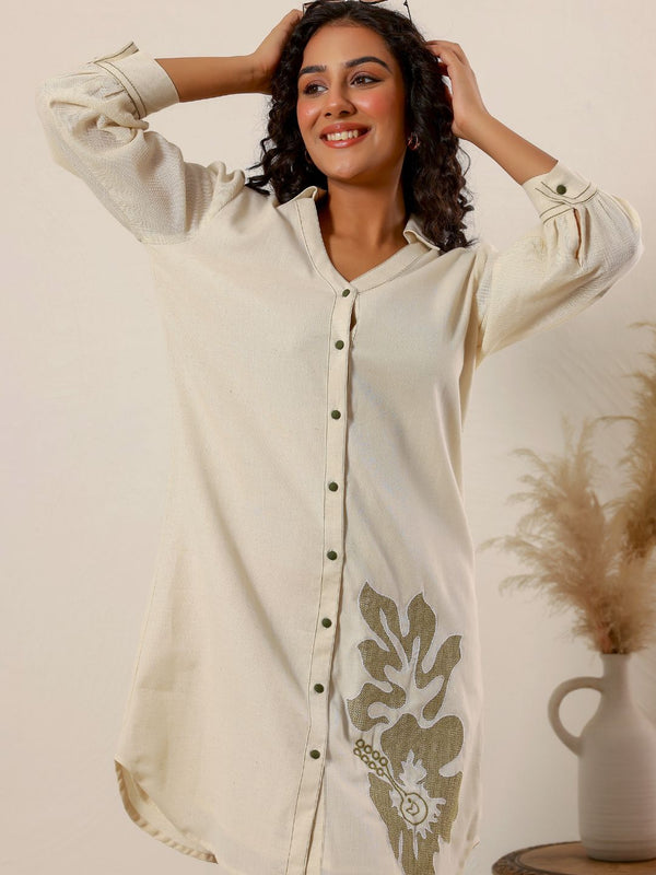 Beige flower embroidery Cotton Shirt Dress