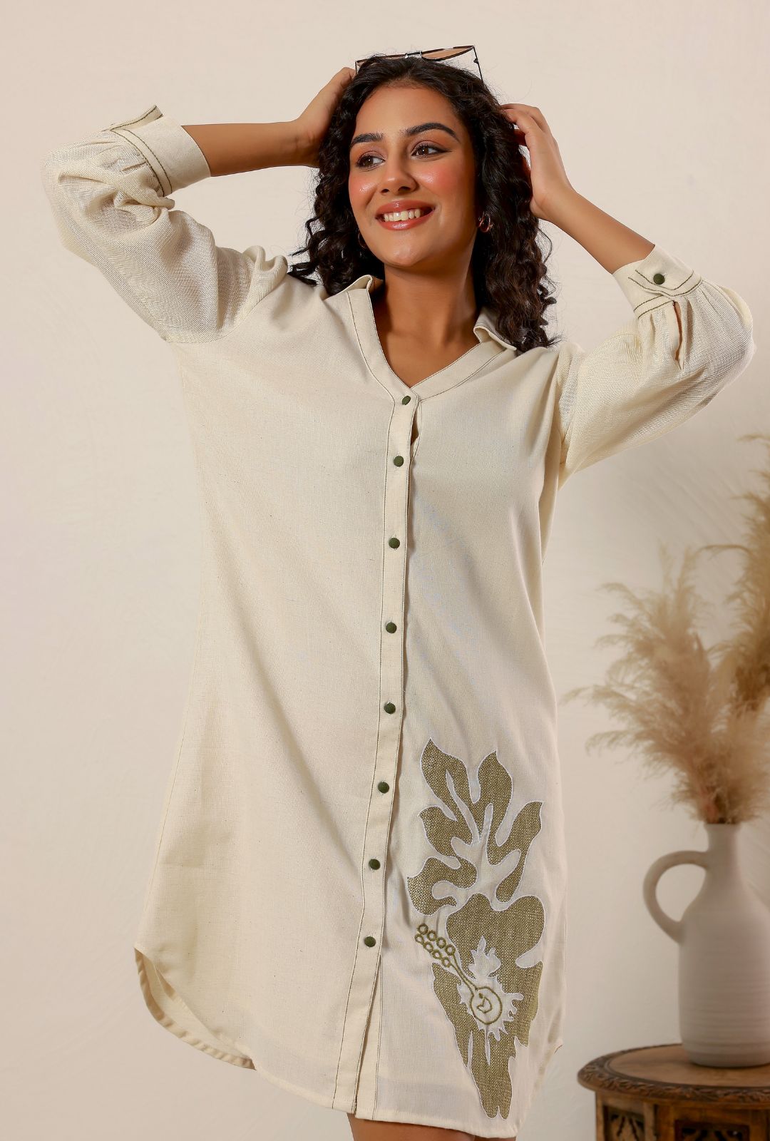 Beige flower embroidery Cotton Shirt Dress