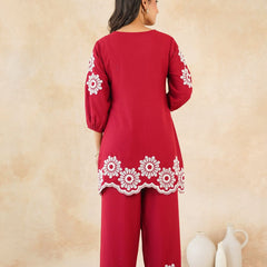 Stylish Red Flower Work Women’s Two-Piece Set