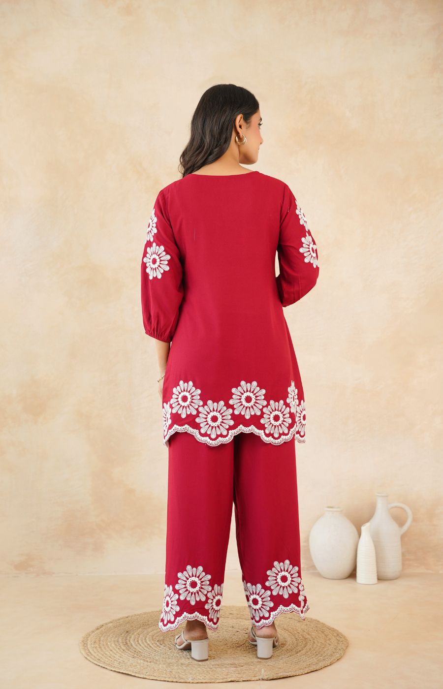 Stylish Red Flower Work Women’s Two-Piece Set