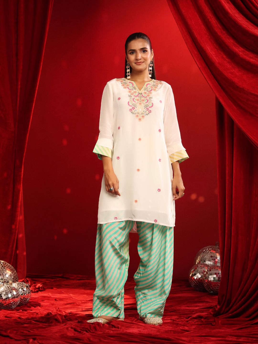 Ivory Aqua Crepe Embroidered Kurta with Farshi Salwar Set