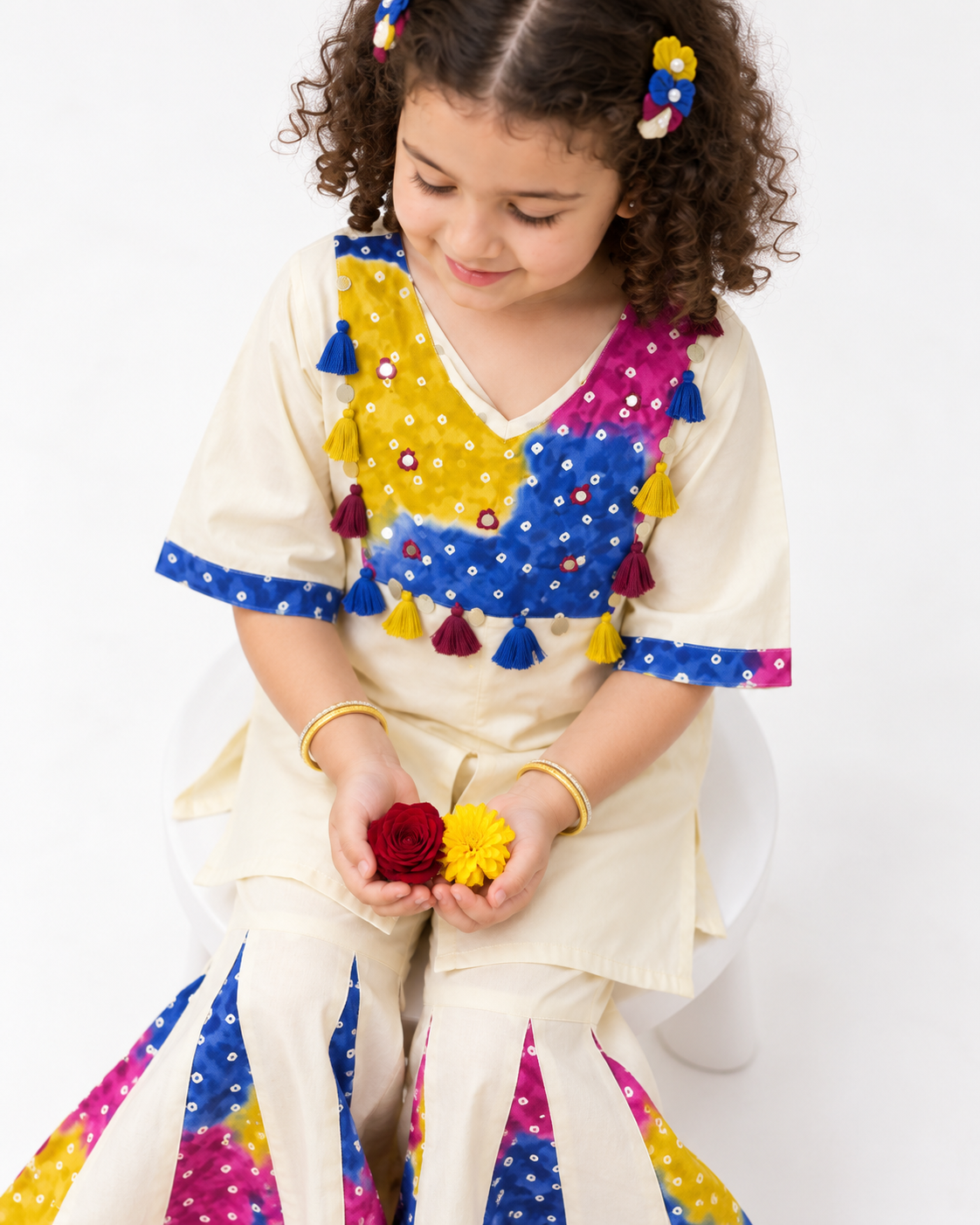 Girls' Cream Cotton Kurta Set with Multicolour Embroidered Sharara