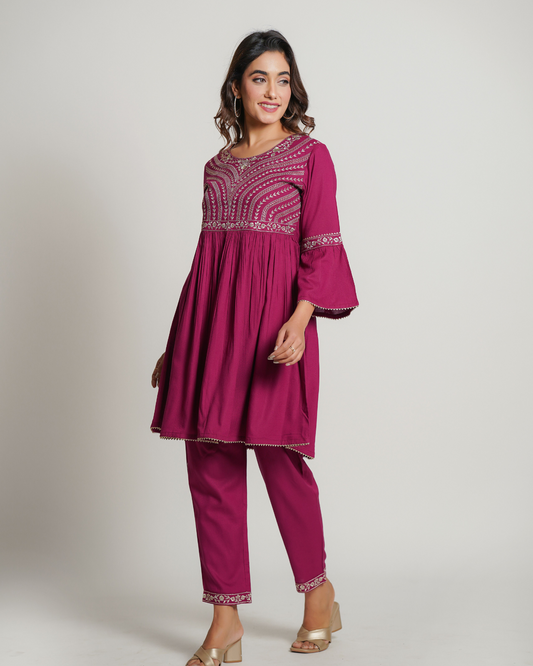 Mehroon Rayon Embroidered Co-Ord Set