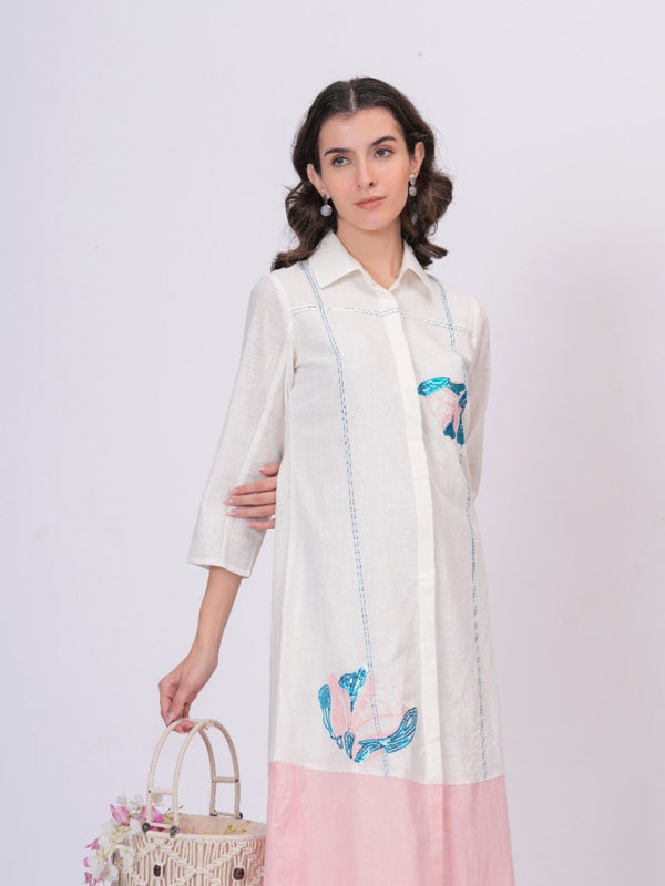 Pink Linen Embroidered Shirt Dress