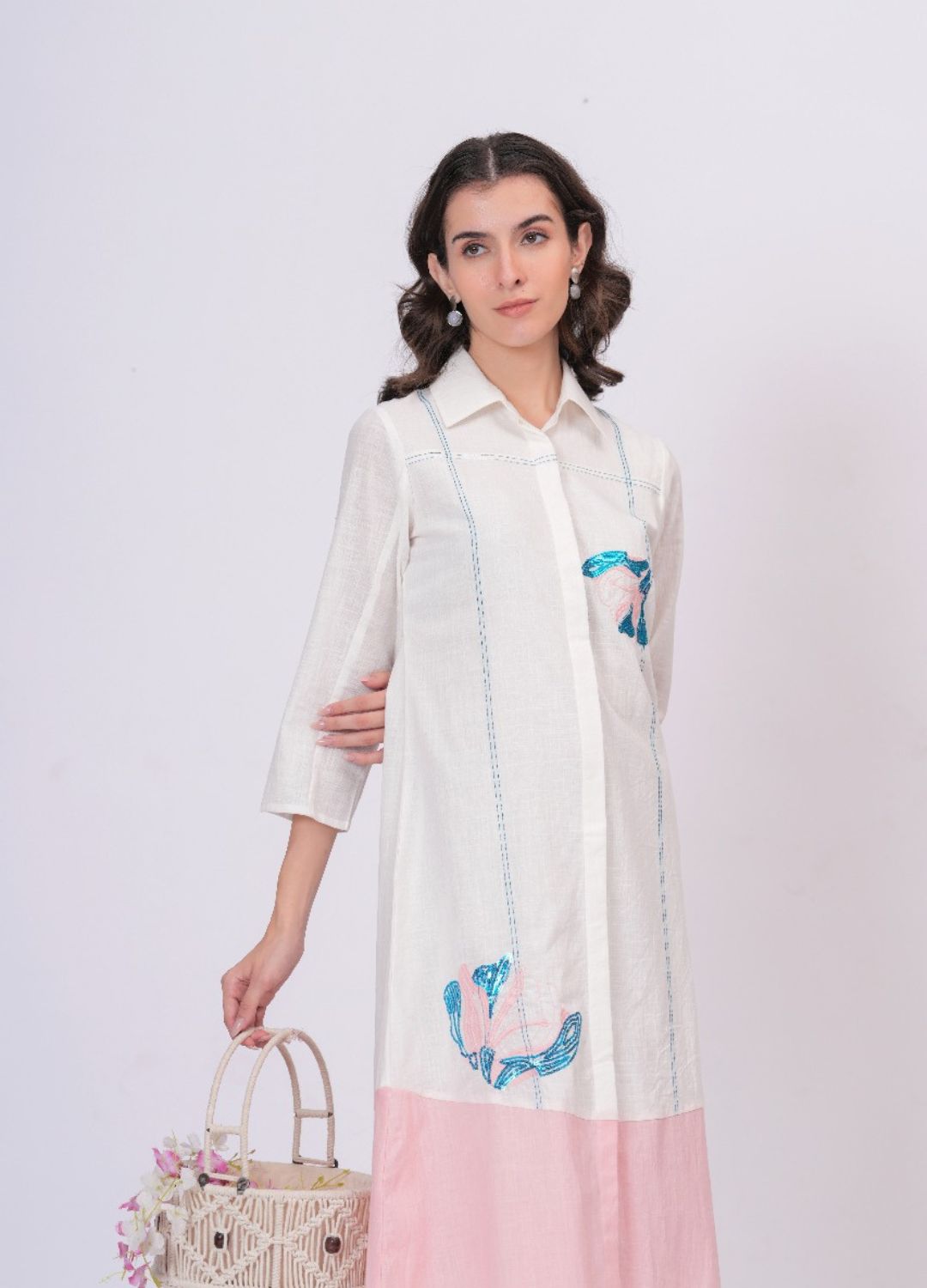 Pink Linen Embroidered Shirt Dress