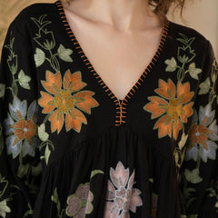 Black Cotton Embroidered Midi Dress with V-Neck & Elbow Sleeves