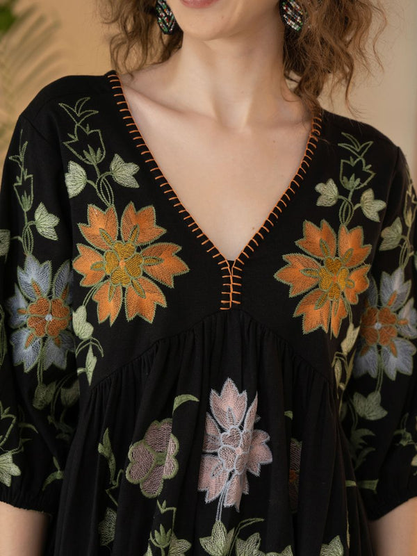 Black Cotton Embroidered Midi Dress with V-Neck & Elbow Sleeves