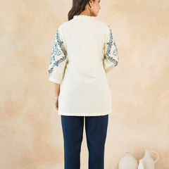 Chic Off-White & Blue Embroidered Rayon Co-ord Set