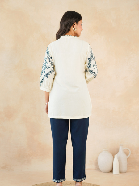 Chic Off-White & Blue Embroidered Rayon Co-ord Set