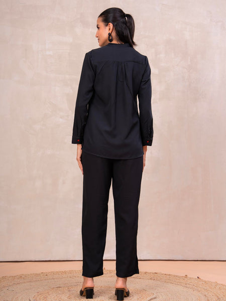 Classic Black High-Neck Embroidered Tunic Top