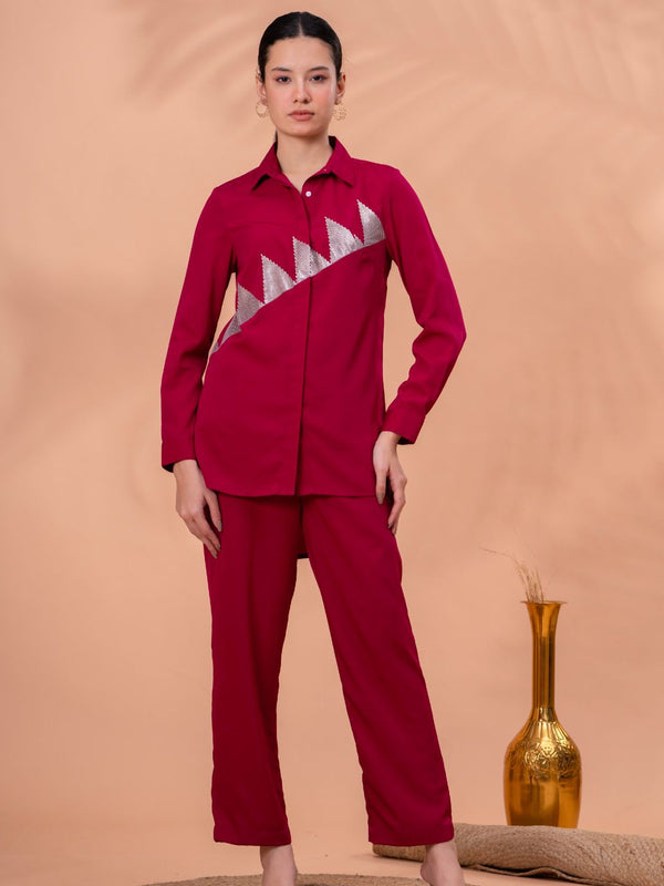 Elegant Maroon Geometric Work Two-Piece Set