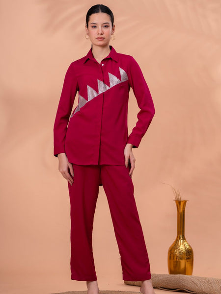 Elegant Maroon Geometric Work Two-Piece Set