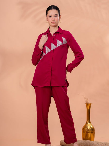Elegant Maroon Geometric Work Two-Piece Set