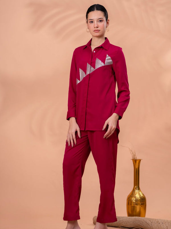 Elegant Maroon Geometric Work Two-Piece Set