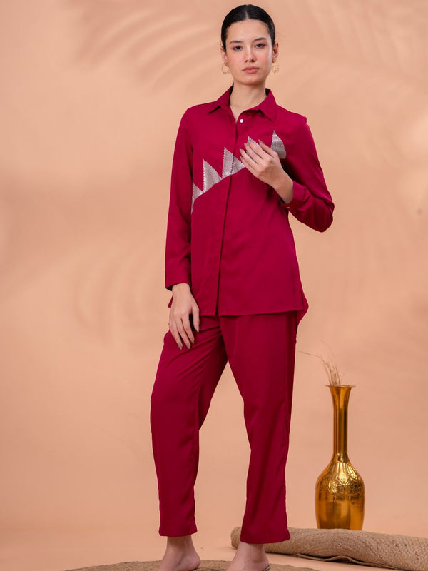 Elegant Maroon Geometric Work Two-Piece Set