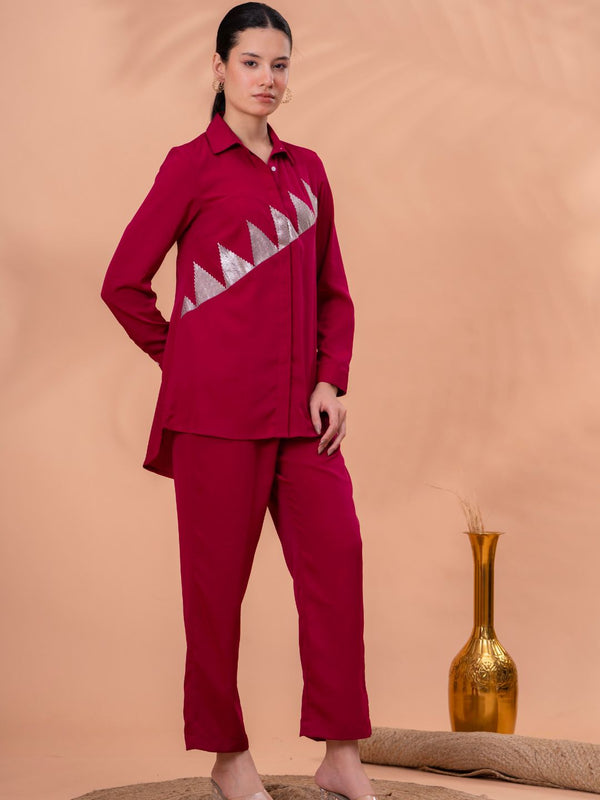Elegant Maroon Geometric Work Two-Piece Set