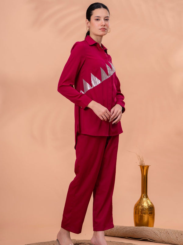 Elegant Maroon Geometric Work Two-Piece Set