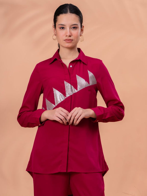 Elegant Maroon Geometric Work Two-Piece Set