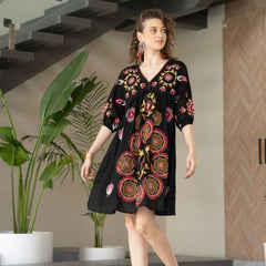 Chic Black Embroidered Cotton Midi Dress with V-Neck & Elbow Sleeves