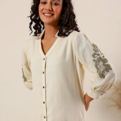 Beige flower embroidery Cotton Shirt Dress