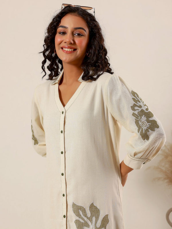 Beige flower embroidery Cotton Shirt Dress