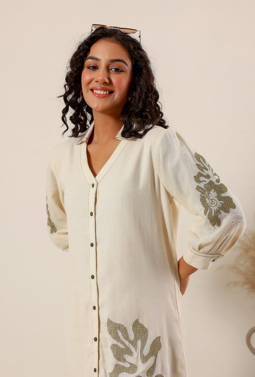 Beige flower embroidery Cotton Shirt Dress