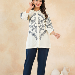 Chic Off-White & Blue Embroidered Rayon Co-ord Set
