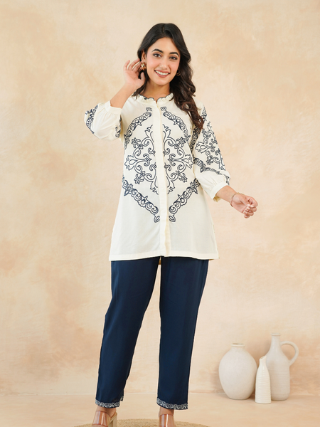 Chic Off-White & Blue Embroidered Rayon Co-ord Set