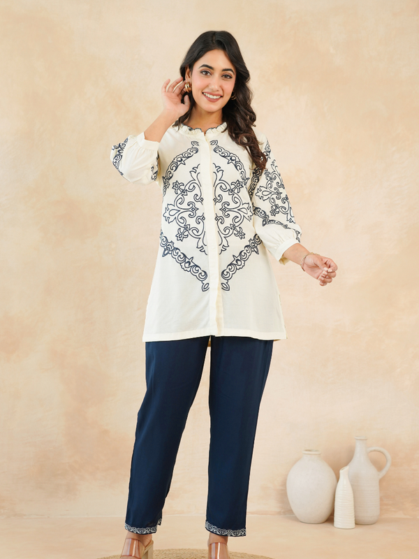 Chic Off-White & Blue Embroidered Rayon Co-ord Set
