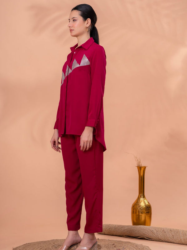 Elegant Maroon Geometric Work Two-Piece Set