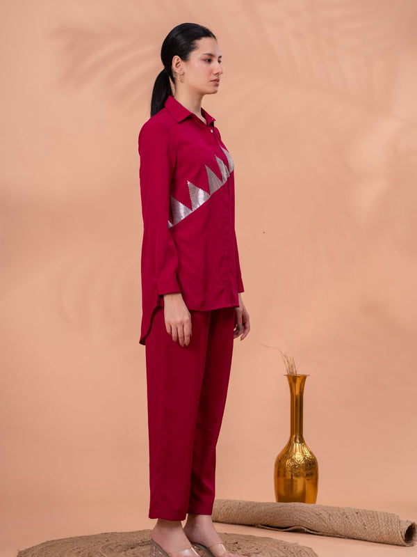 Elegant Maroon Geometric Work Two-Piece Set