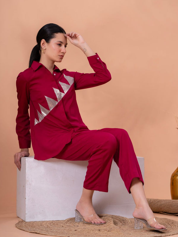 Elegant Maroon Geometric Work Two-Piece Set