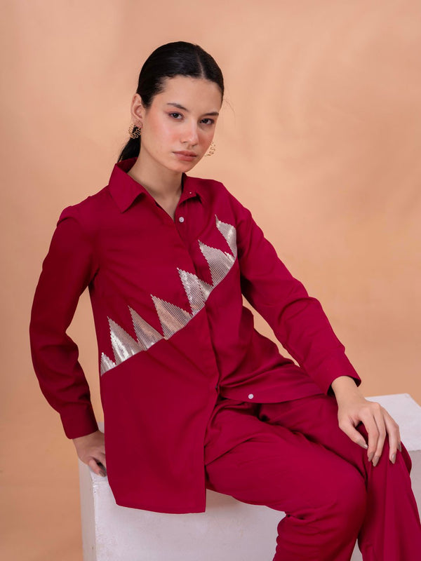 Elegant Maroon Geometric Work Two-Piece Set