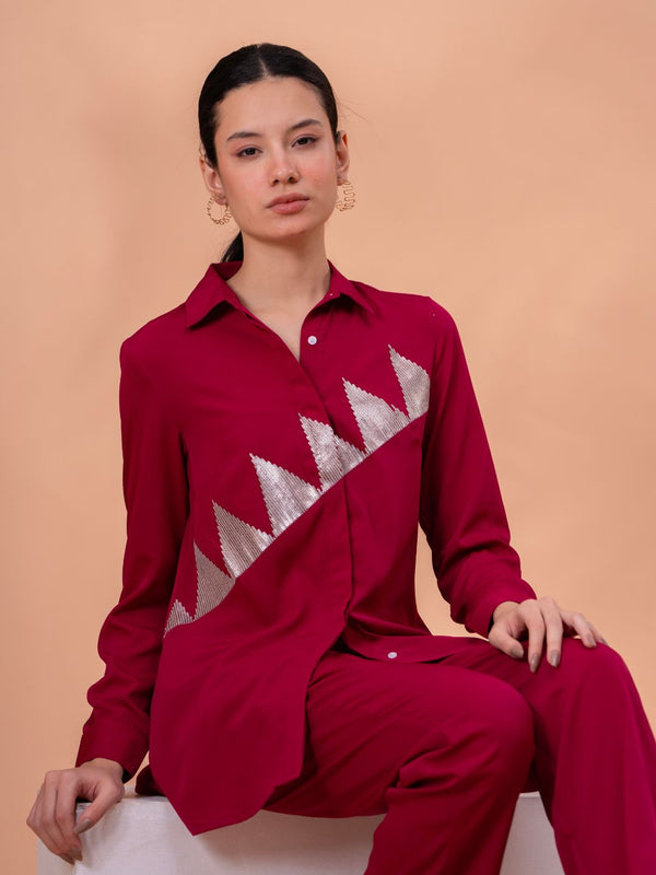 Elegant Maroon Geometric Work Two-Piece Set