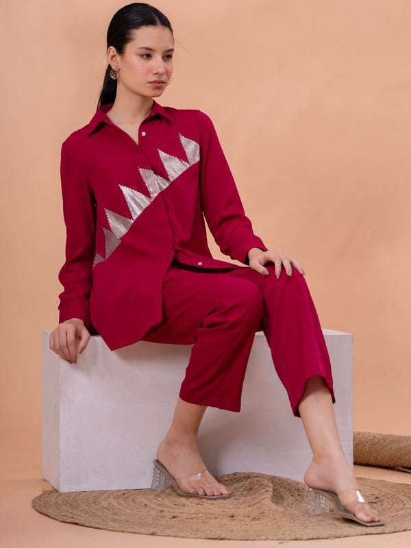 Elegant Maroon Geometric Work Two-Piece Set