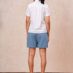 White Button-Down Top With Blue Embroidered Shorts