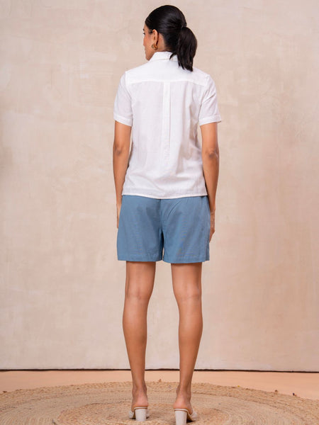 White Button-Down Top With Blue Embroidered Shorts