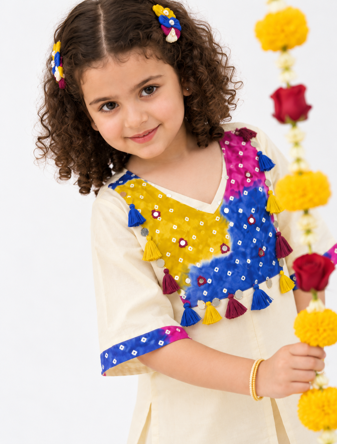 Girls' Cream Cotton Kurta Set with Multicolour Embroidered Sharara