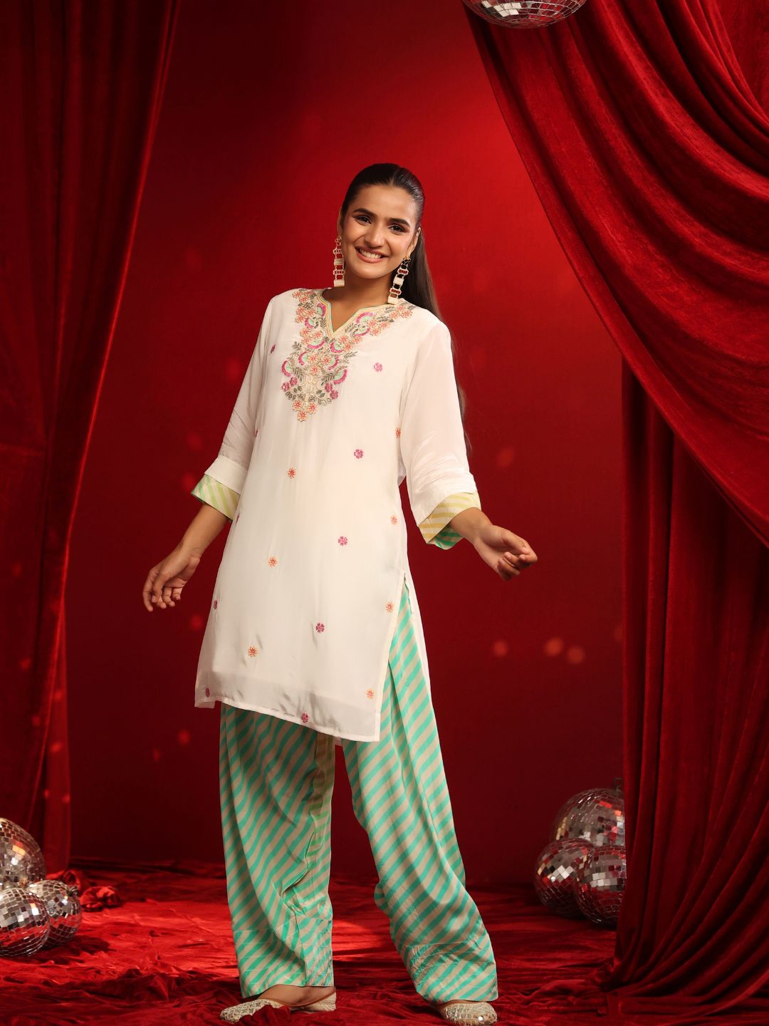 Ivory Aqua Crepe Embroidered Kurta with Farshi Salwar Set
